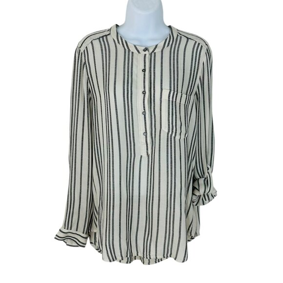 Lucky Brand Women's Size M Striped Roll Tab Sleeves Ivory Black Popover Blouse - Picture 2 of 8